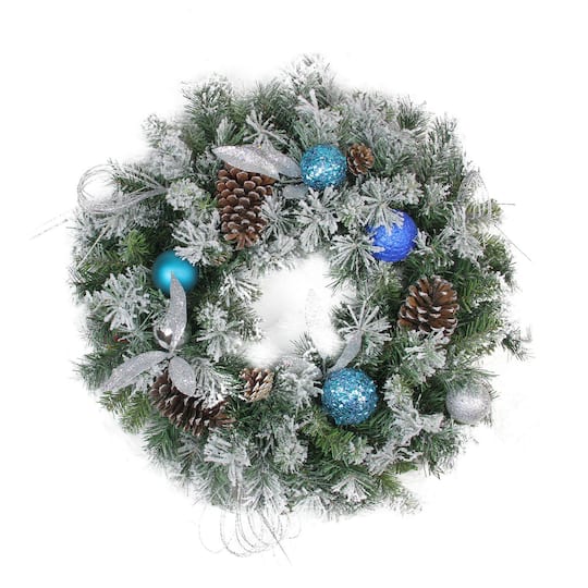 24&#x22; Teal &#x26; Silver Ball Flocked with Pinecones Artificial Wreath